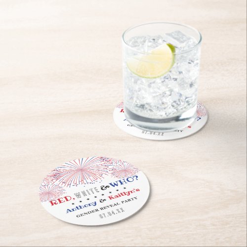 Red White  Who 4th Of July Gender Reveal Party Round Paper Coaster