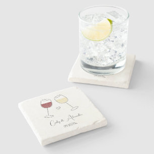 Red White Wine Glass Wedding Engagement Favor Stone Coaster