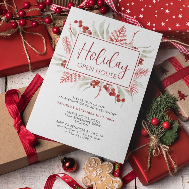 Red White Winter Botanical Holiday Open House Invitation (Creator Uploaded)