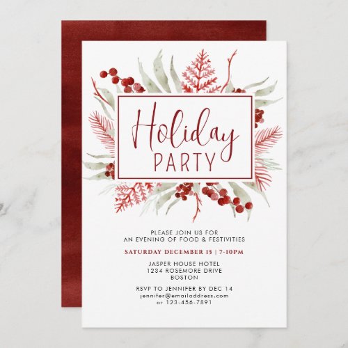 Red White Winter Botanical Holiday Party Invitation