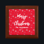 Red & White Winter Modern Elegant Merry Christmas Gift Box<br><div class="desc">Elegant modern chic Christmas design with snowflakes pattern on green background with artistic white script with Merry Christmas greeting. Personalize your family name.</div>