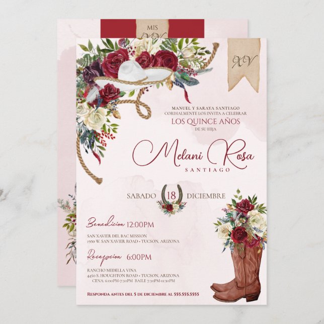 Red White Winter Roses Charro Spanish Quinceanera Invitation (Front/Back)
