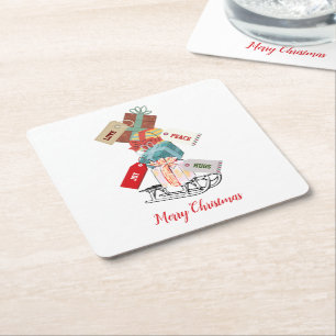 Red White Winter Sled Retro Vintage Christmas Square Paper Coaster