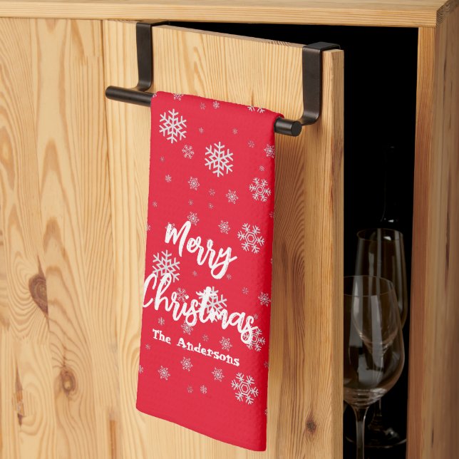 Red White Winter Snowflakes Modern Merry Christmas Kitchen Towel (Thirds Fold)