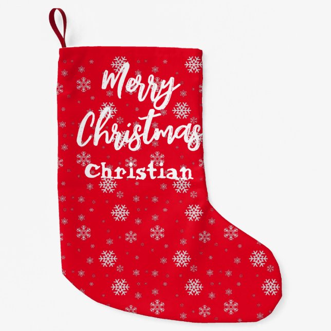 Red White Winter Snowflakes Modern Merry Christmas Small Christmas Stocking (Front)