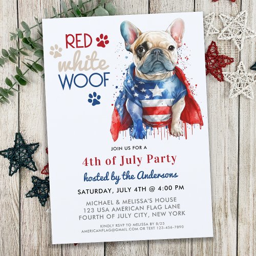 Red White Woof Patriotic French Bulldog 4th O July Invitation