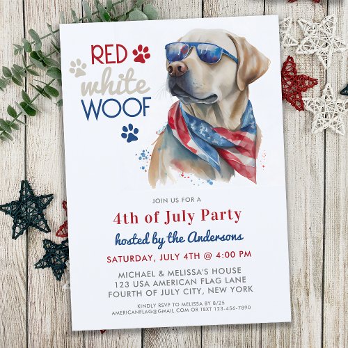 Red White Woof Patriotic Labrador Dog 4th Of July Invitation