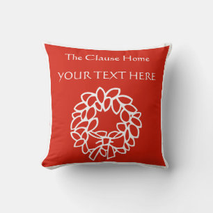 RED & white wreath name family customizeable Xmas Throw Pillow