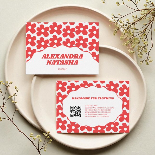 Red White Y2K Flower Handmade Clothing Business Card (Red White Y2K Flower Handmade Clothing Business Card)