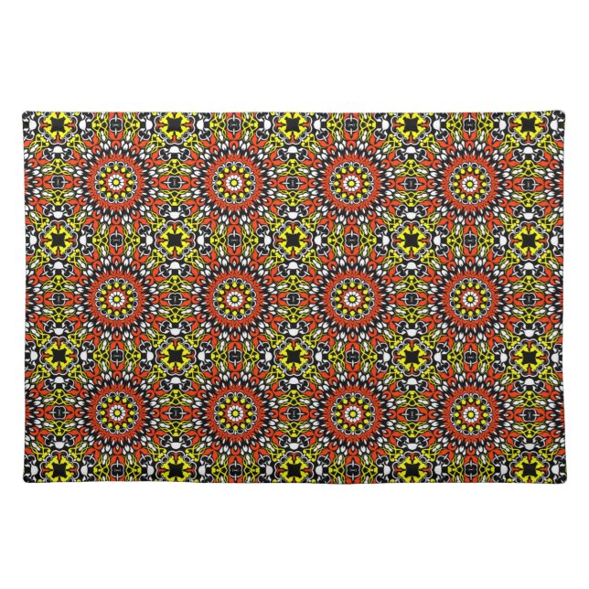 Red, White, Yellow & Black Mandala Pattern Cloth Placemat (Front)