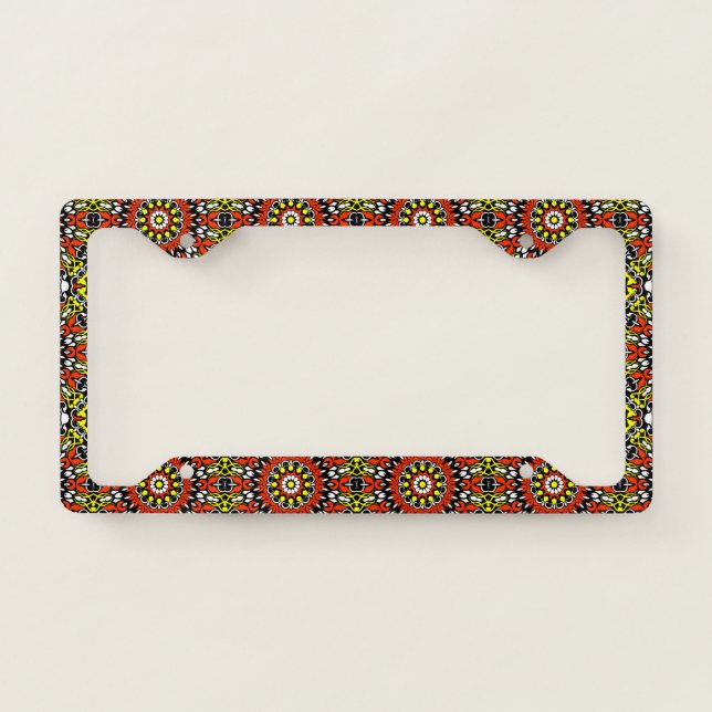 Red, White, Yellow & Black Mandala Pattern License Plate Frame (Front)