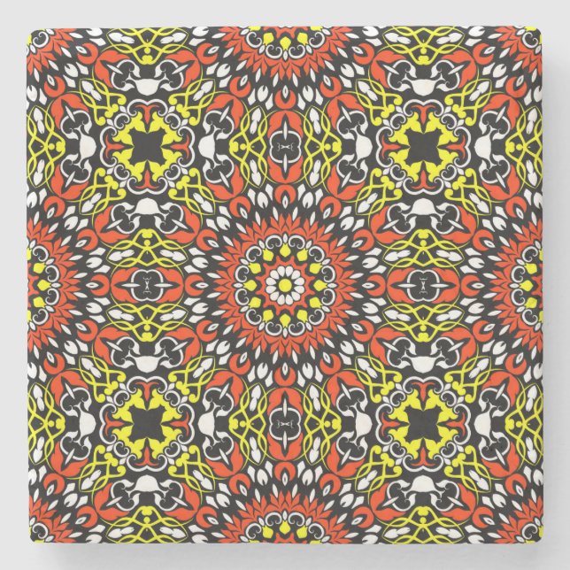 Red, White, Yellow & Black Mandala Pattern Stone Coaster (Front)