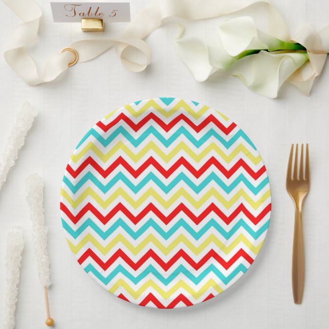 Red White Yellow Blue Chevron Circus Kids Birthday Paper Plates (Wedding)