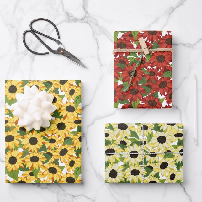Red White Yellow Sunflower Floral Patterns Wrapping Paper Sheets (Front)