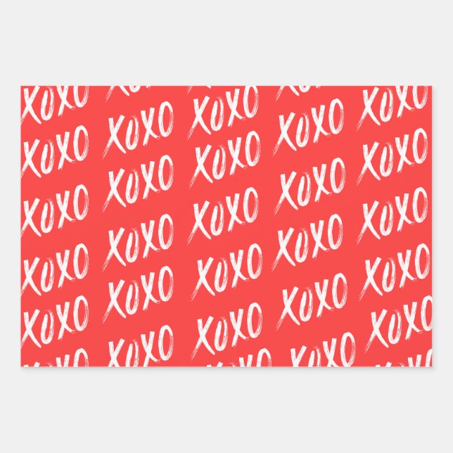 Red White Yellow XOXO Pattern Script Wrapping Paper Sheets (Front)