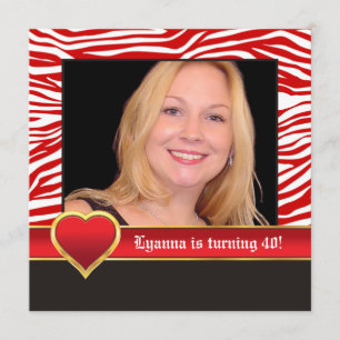 Red, white zebra & heart 40th birthday photo invitation