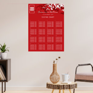 Red/White Zen Bamboo 囍 Chinese Wedding Seat Chart
