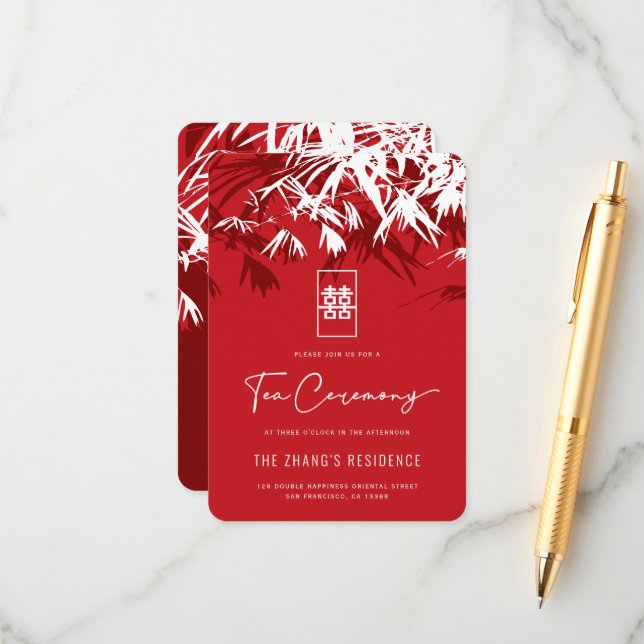 Red/White Zen Bamboo Leaves Chinese Tea Ceremony Enclosure Card (Front/Back In Situ)