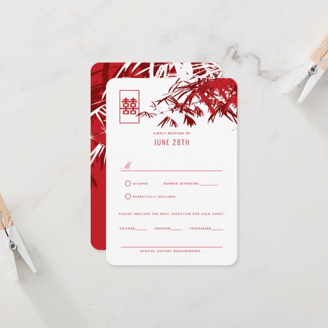 Red & White Zen Bamboo Leaves Chinese Wedding RSVP Invitation (Front/Back In Situ)