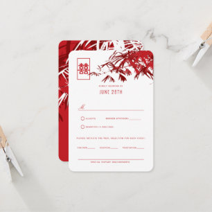 Red & White Zen Bamboo Leaves Chinese Wedding RSVP Invitation