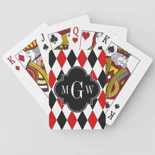 Red Wht Black Harlequin Blk Quatrefoil 3 Monogram Playing Cards