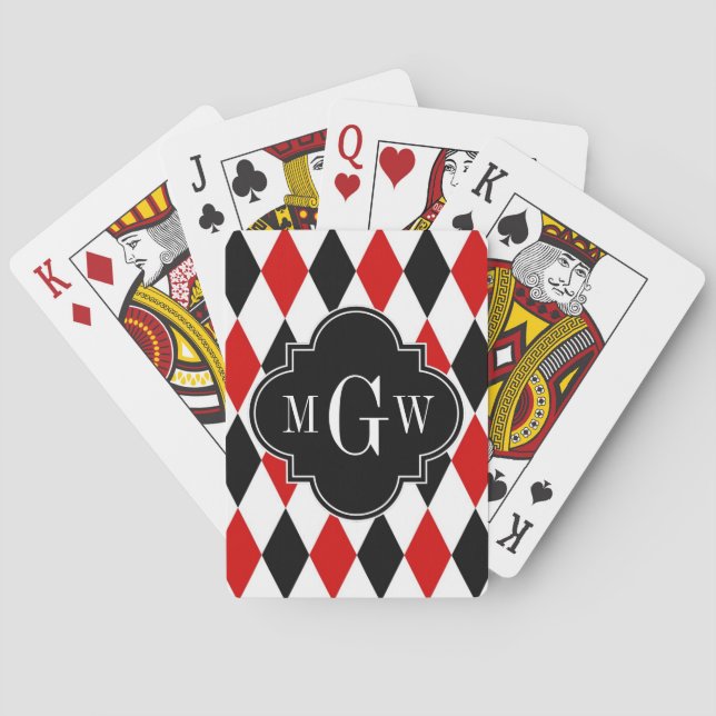 Red Wht Black Harlequin Blk Quatrefoil 3 Monogram Poker Cards (Back)