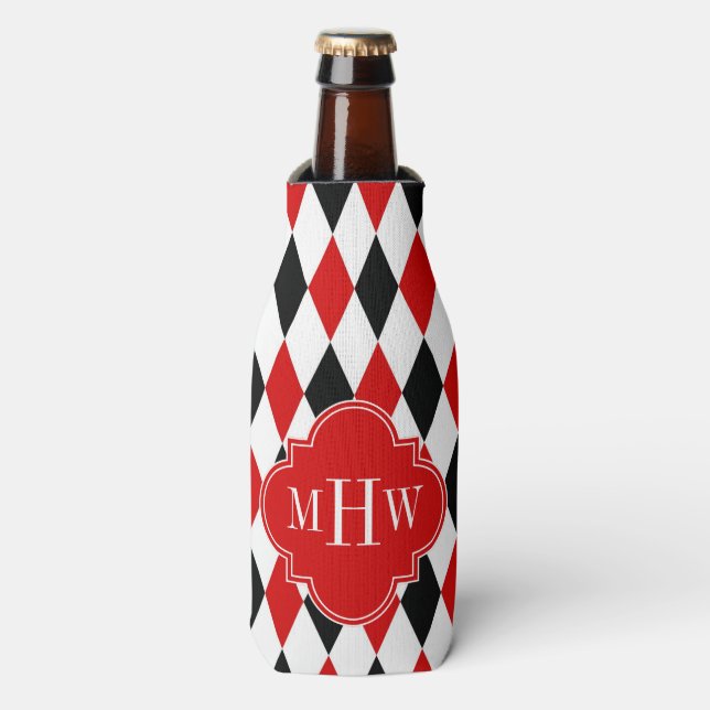 Red Wht Black Harlequin Red Quatrefoil 3 Monogram Bottle Cooler (Bottle Front)