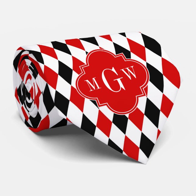 Red Wht Black Harlequin Red Quatrefoil 3 Monogram Neck Tie (Rolled)