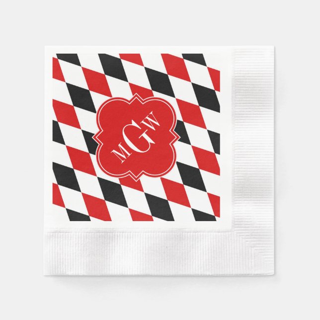 Red Wht Black Harlequin Red Quatrefoil 3 Monogram Paper Napkins (Front)
