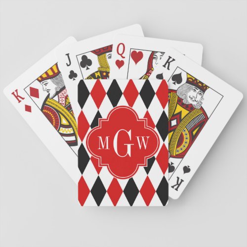 Red Wht Black Harlequin Red Quatrefoil 3 Monogram Poker Cards