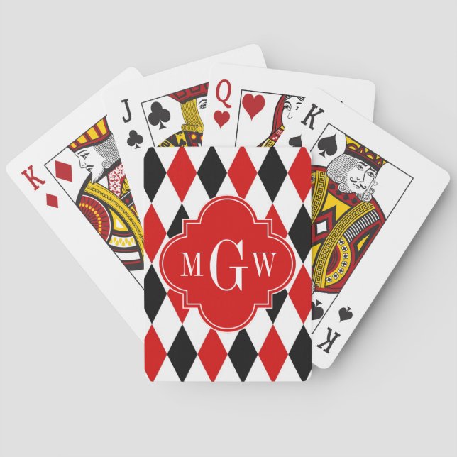 Red Wht Black Harlequin Red Quatrefoil 3 Monogram Poker Cards (Back)