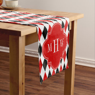 Red Wht Black Harlequin Red Quatrefoil 3 Monogram Short Table Runner
