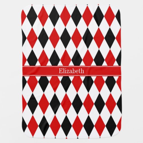 Red Wht Black Harlequin Red Ribbon Name Monogram Baby Blanket