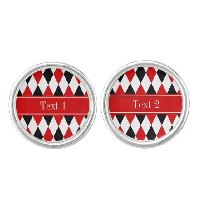 Red Wht Black Harlequin Red Ribbon Name Monogram Cufflinks (Front)