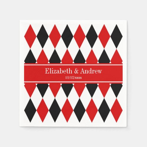 Red Wht Black Harlequin Red Ribbon Name Monogram Paper Napkins