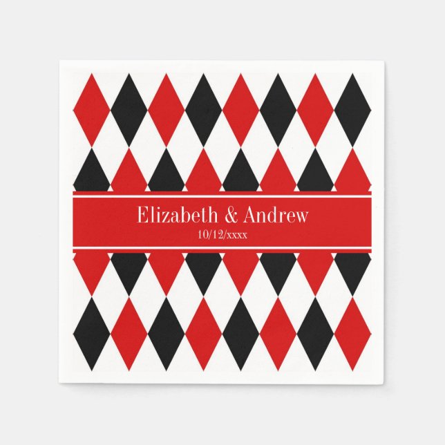 Red Wht Black Harlequin Red Ribbon Name Monogram Paper Napkins (Front)