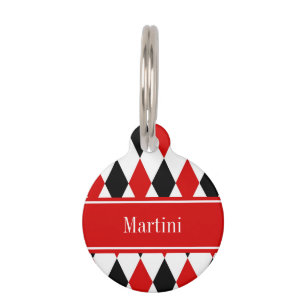 Red Wht Black Harlequin Red Ribbon Name Monogram Pet Tag
