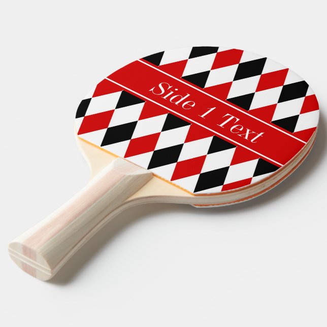 Red Wht Black Harlequin Red Ribbon Name Monogram Ping-Pong Paddle (Front Angle)