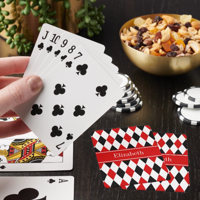 Red Wht Black Harlequin Red Ribbon Name Monogram Poker Cards (In Situ)