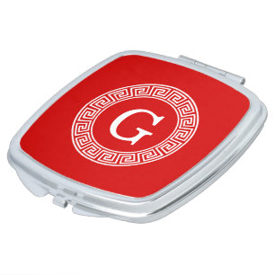 Red Wht Greek Key Rnd Frame Initial Monogram Compact Mirror