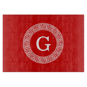 Red Wht Greek Key Rnd Frame Initial Monogram Cutting Board