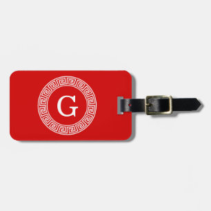 Red Wht Greek Key Rnd Frame Initial Monogram Luggage Tag