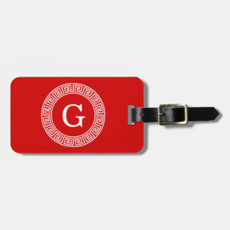 Red Wht Greek Key Rnd Frame Initial Monogram Luggage Tag