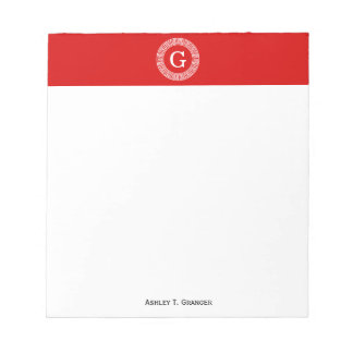 Red Wht Greek Key Rnd Frame Initial Monogram Notepad
