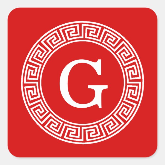 Red Wht Greek Key Rnd Frame Initial Monogram Square Sticker (Front)