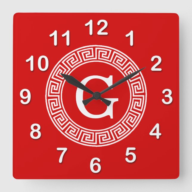 Red Wht Greek Key Rnd Frame Initial Monogram Square Wall Clock (Front)