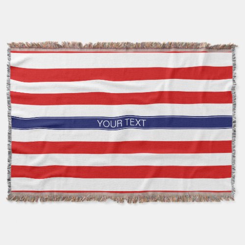 Red Wht Horiz Stripe Navy Blue Name Monogram Throw Blanket