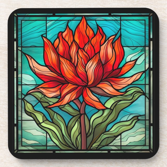 Red Wildflower in Stained Glass Beverage Coaster (Front)