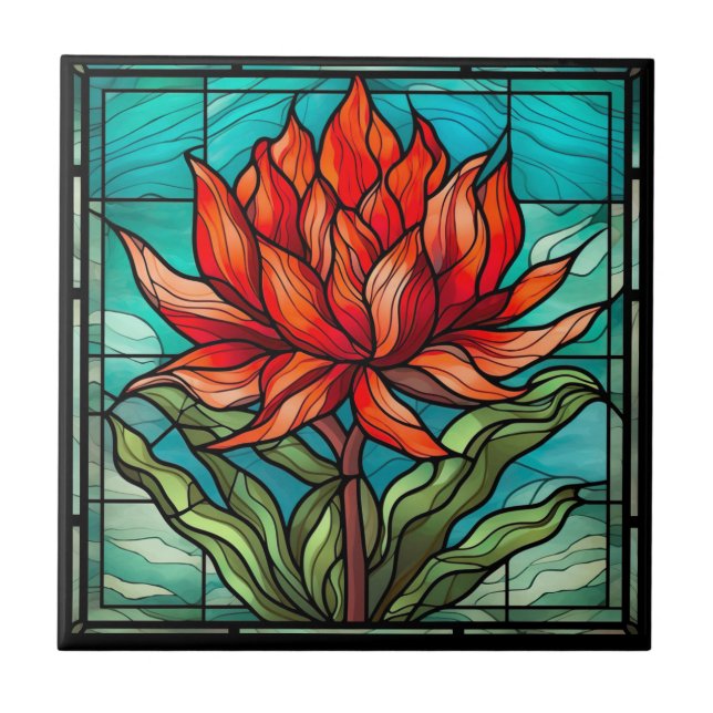 Red Wildflower in Stained Glass Ceramic Tile (Front)