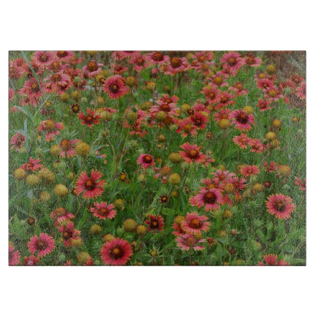 Red Wildflowers Firewheel Floral Art Glass Cutting Board (Front)